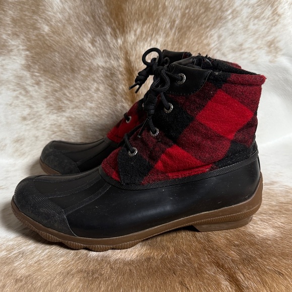 Sperry Syren Red Check Buffalo Plaid Flannel Womens Duck Boots Size 7.5 A8 - Picture 5 of 10